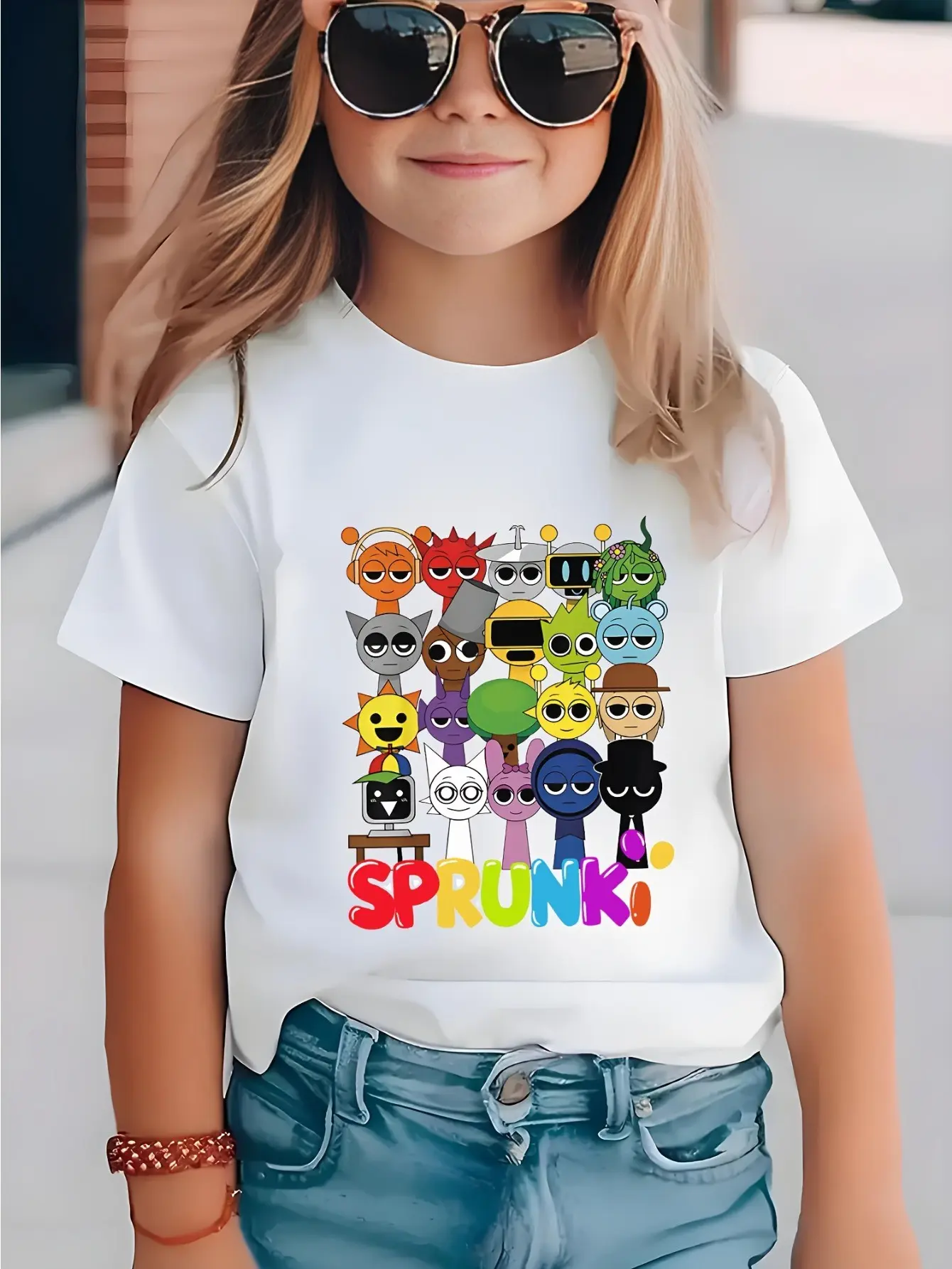 Girls' Sprunki Beats Team Game T-Shirt - Breathable, Moisture-Wicking Crew Neck Short Sleeve Tee with Fun Cartoon Characters, Perfect for Casual Streetwear, Summer Fashion for Boys and Teens Over 3 Years Old, Casual Summer Wear | Playful Graphic Tee