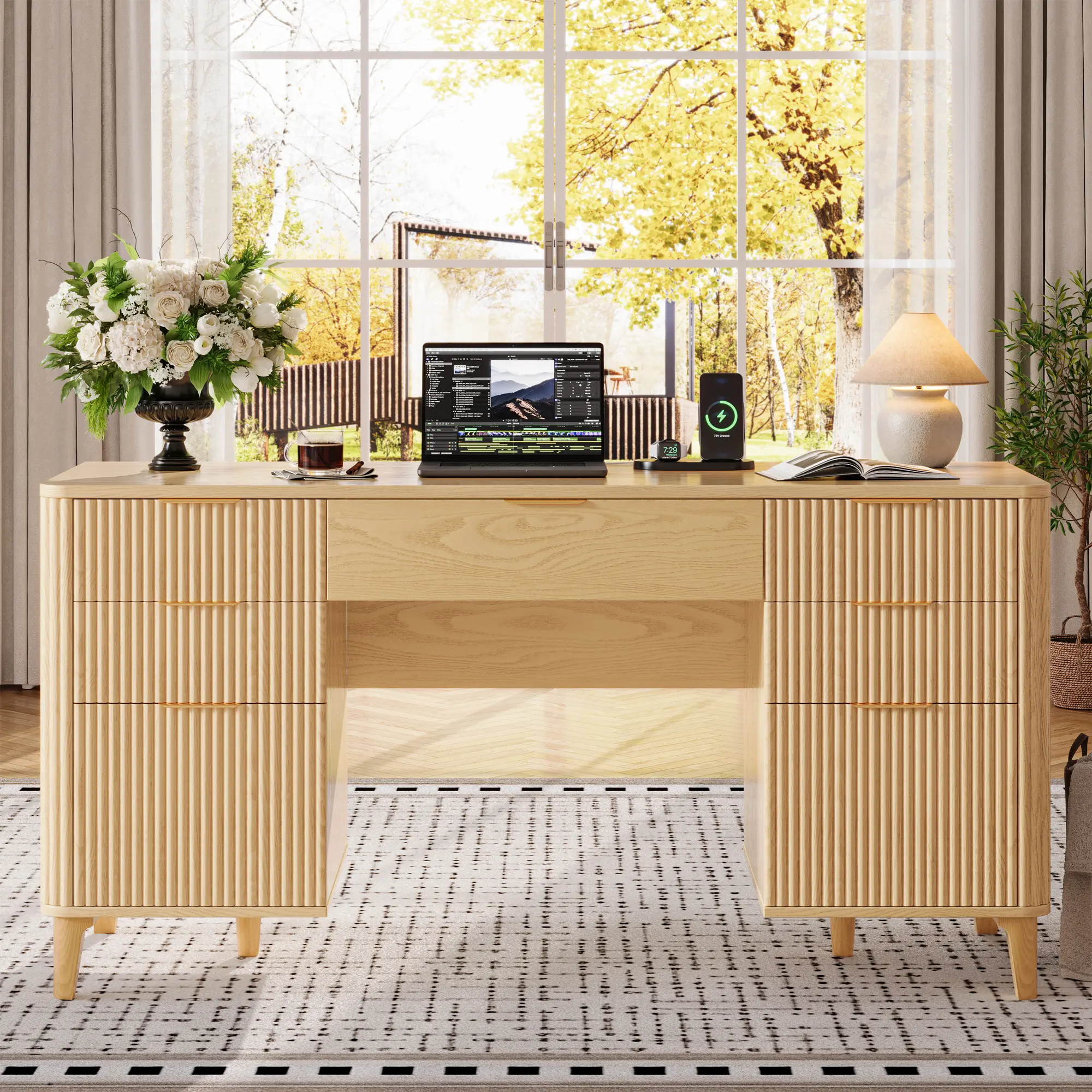 Oxirth  Walnut Fluted Executive Desk | Home Office Desk with Storage, Charging Station & File Cabinet