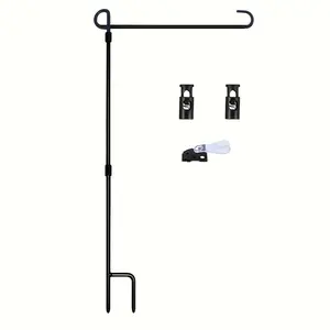 Black Wrought Iron Garden Flag Holder - Durable yard flagpole that can accommodate flags up to 12.5 inches wide, including tiger clips and rubber plugs for outdoor decor, coated flagpole