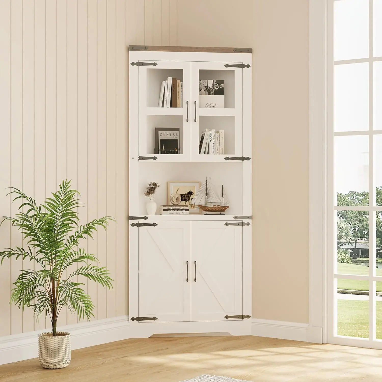 【Christmas Gift】Farmhouse Corner Cabinet Tall Storage Cabinet with 4 Doors and Adjustable Shelves Bathroom Corner Cabinets with Storage for Living Room Kitchen-White