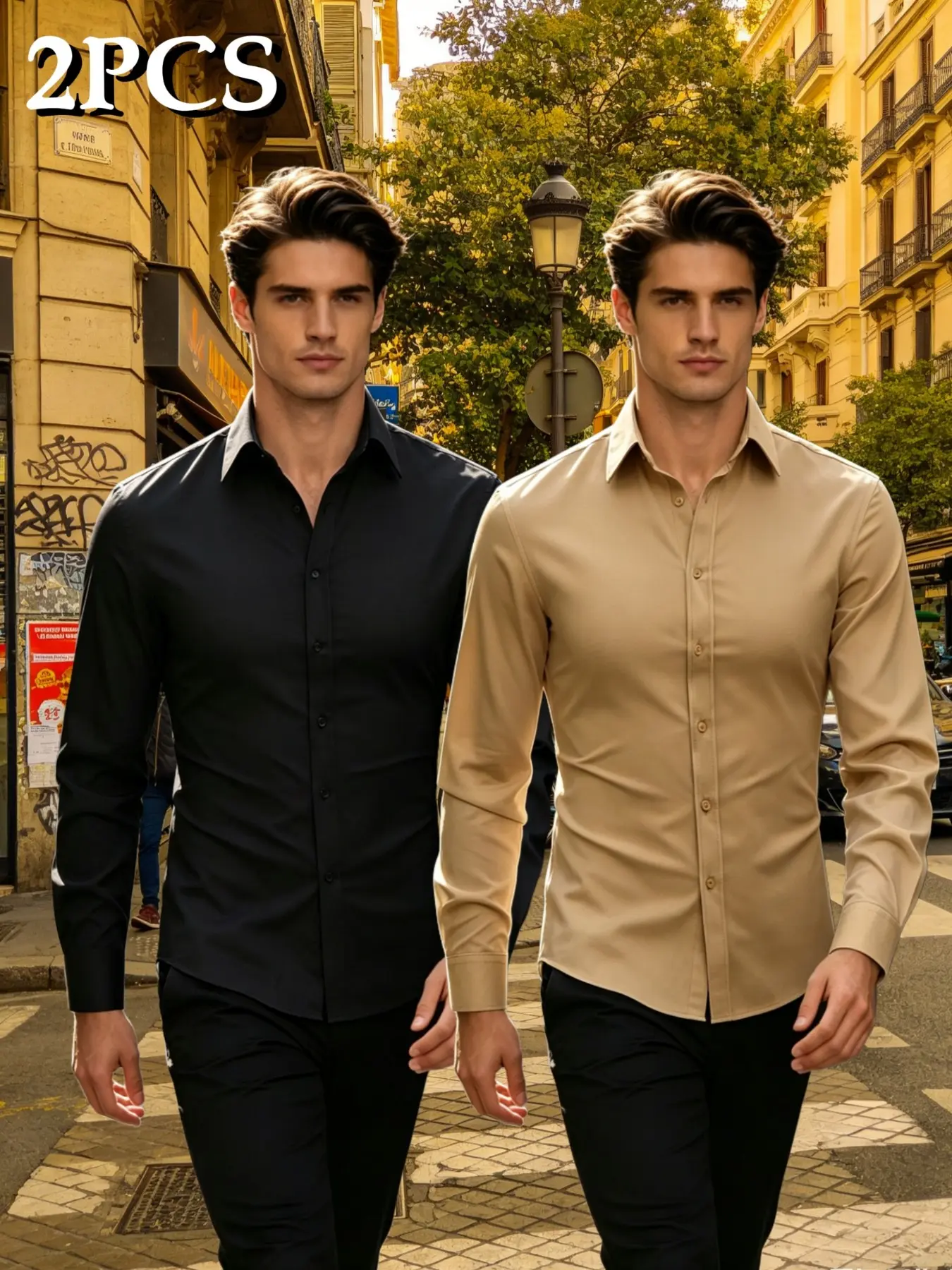 Men's 2-Pack Stretch Wrinkle-Free Formal Dress Shirts, Slim Fit & Business Casual Long Sleeve Tops, 12 Colors for Versatile Styling