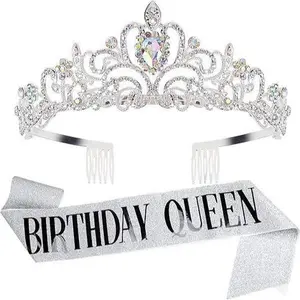 Birthday Queen Tiaras Crown for Women, Girls Princess Crowns for Women, Queen Tiara for Mom, Silver Birth Crown Headband Birth Sash, 30th 40th 50th Birthday Prom Party Decorations for Mother