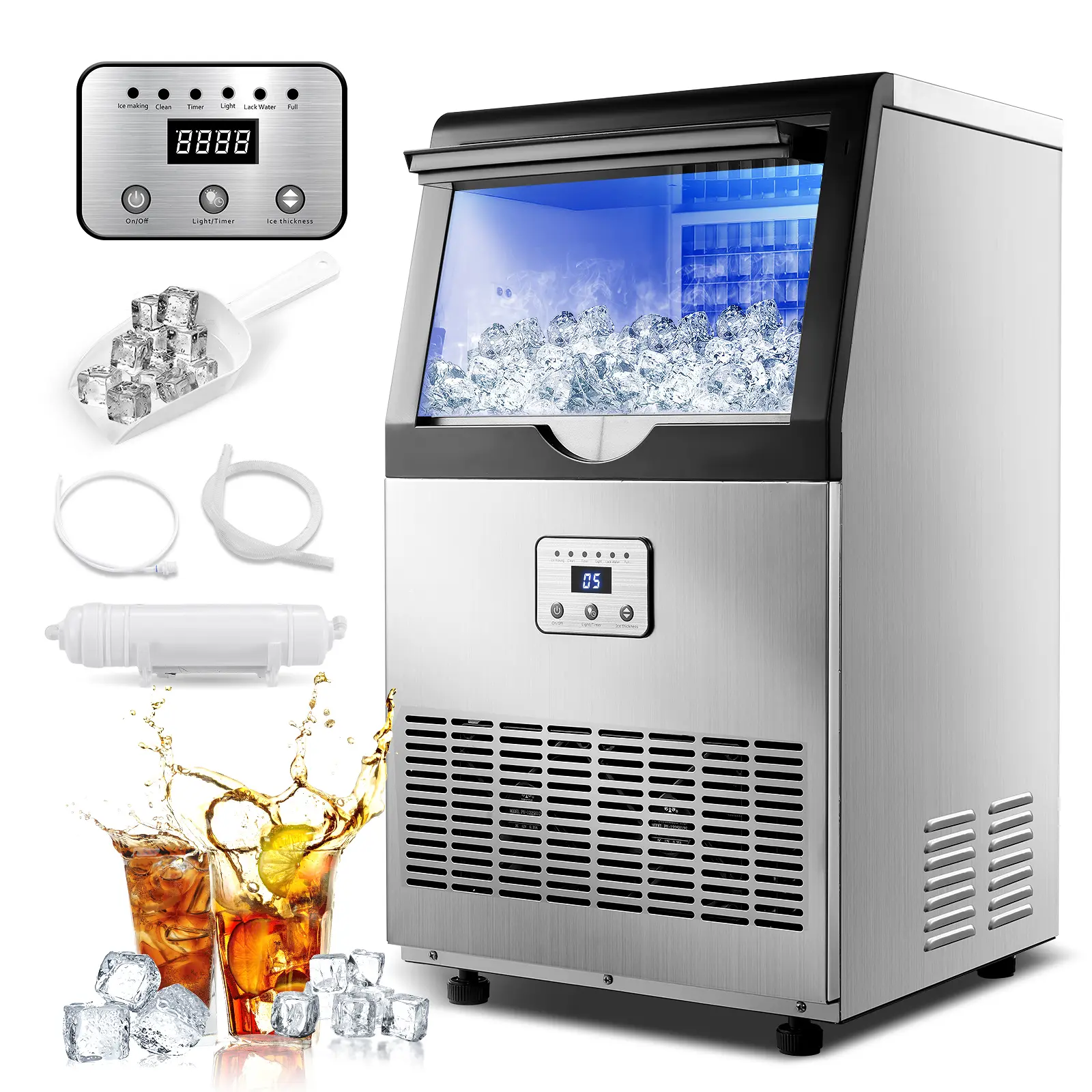 90LBS/24H Commercial Ice Maker Machine, Undercounter or Freestanding Stainless Steel Ice Machine with 25LBS Storage 32 Cubes/Cycle Self-Cleaning & Quiet Operation for Home Bar  Restaurant CIM320-F