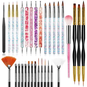 32-Piece Crystal Handle Nail Art Multi-Pack Tool Set - Acrylic Liner, Dust Cleaner, Drawing Implement, Dotting Tool, Brush Cleaner for Manicure & Nail Care, Gift for Girls Beginners
