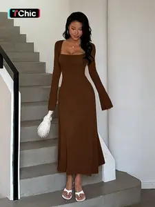 Women's Plain Lace Up Flounce Sleeve Dress, Elegant Aesthetic Square Neck Long Sleeve A Line Dress for Spring & Fall, Women's Clothing for Daily Wear