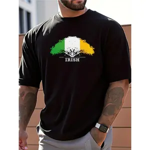 Men's Irish Pride Clover print t-shirt-black casual short-sleeved shirt green orange pattern regular pattern machine-washable suitable for all seasons, suitable for Christmas, Easter, Halloween, Thanksgiving, etc.