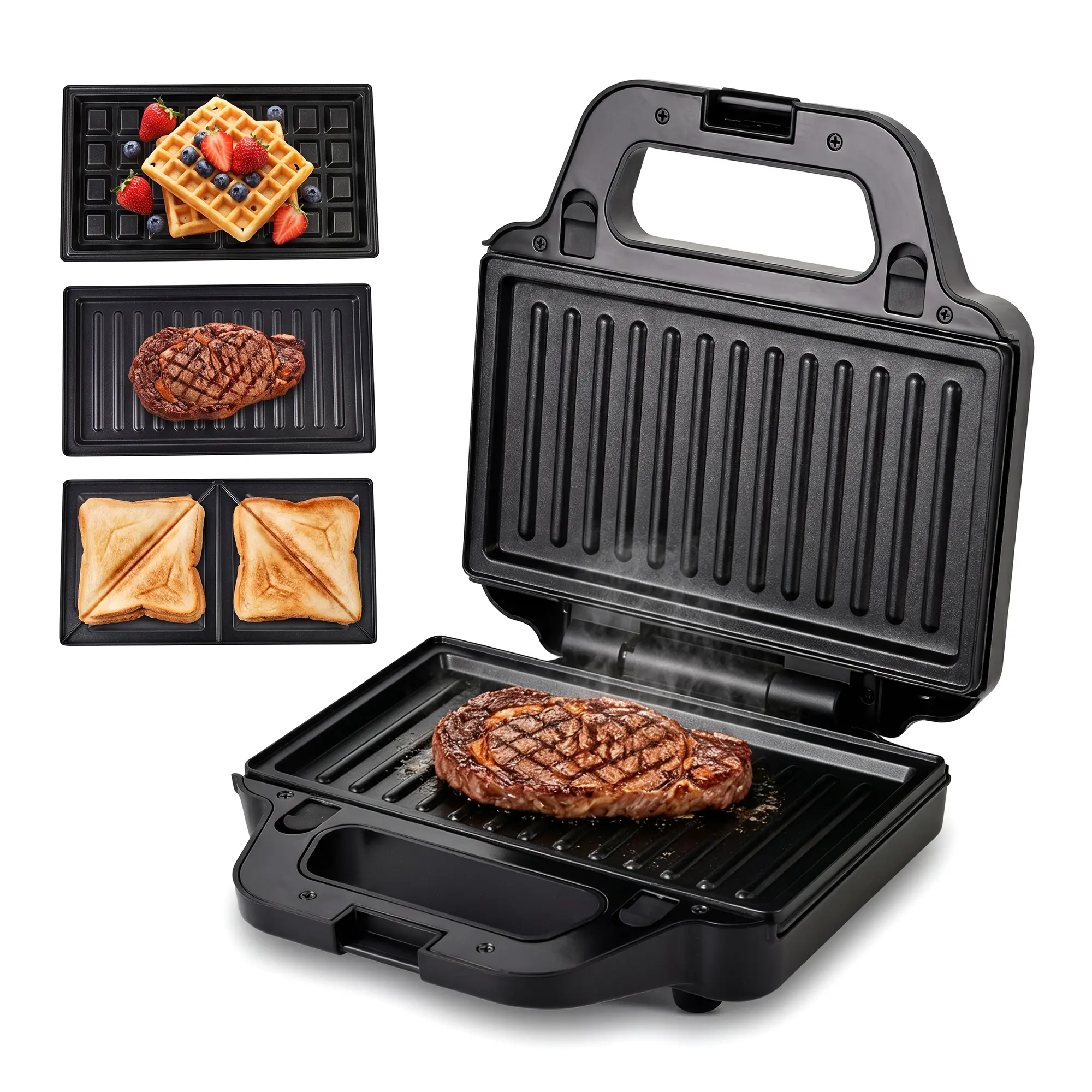 SUSTEAS 3-in-1 Multi-Use Grill - Waffle Maker, Sandwich Maker & Panini Press with Removable Nonstick Plates, Compact Small Footprint Breakfast Appliance for Waffles, Grilled Cheese
