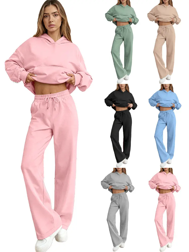 Women's Winter 2-Piece Fleece-Lined Loungewear Set Hooded Sweatshirt & High-Waisted Joggers Warm Casual Sports Outfit for US Cold Days Home Lounging & Outdoor Errands Plain Style Cotton