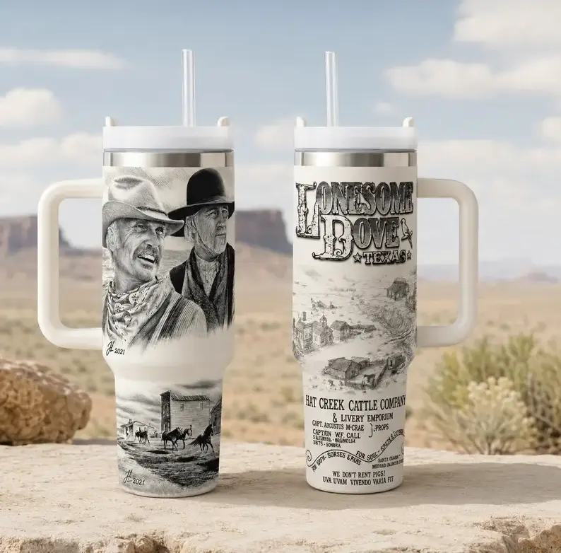 [Gift Box & Straw] Vintage Western Cowboy 40oz Tumbler With Handle, Texas Ranch Life Black & White Design Stainless Steel Insulated Travel Mug, Old West Cattle Style Fan Cup, Reusable Drinkware Gift For Dad Grandpa