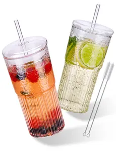 NiHome High Borosilicate Glass Tumbler Cup with Lid and Straw, 22oz Clear Iced Coffee Glass Cups Drinking Jars Glasses -2 Pack crystal  glassware