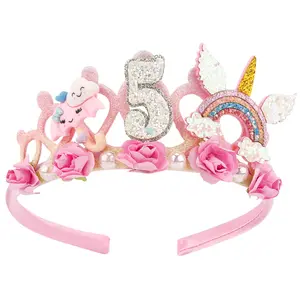 KF5-HDW027    5th Birthday Headband - Pink Flower Crown for Girls' 5th Birthday Party - Cute Princess Tiara Accessory Gift