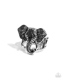 Elephant Erudite - Black Stone Silver Ring - Paparazzi
