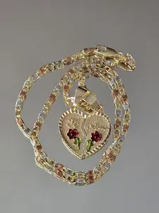 N15-One and a quarter inch Te-Amo broken heart pendant with with 3 color 3mm 17.3 inch chain-copper plated with 14 karat gold not water resistant