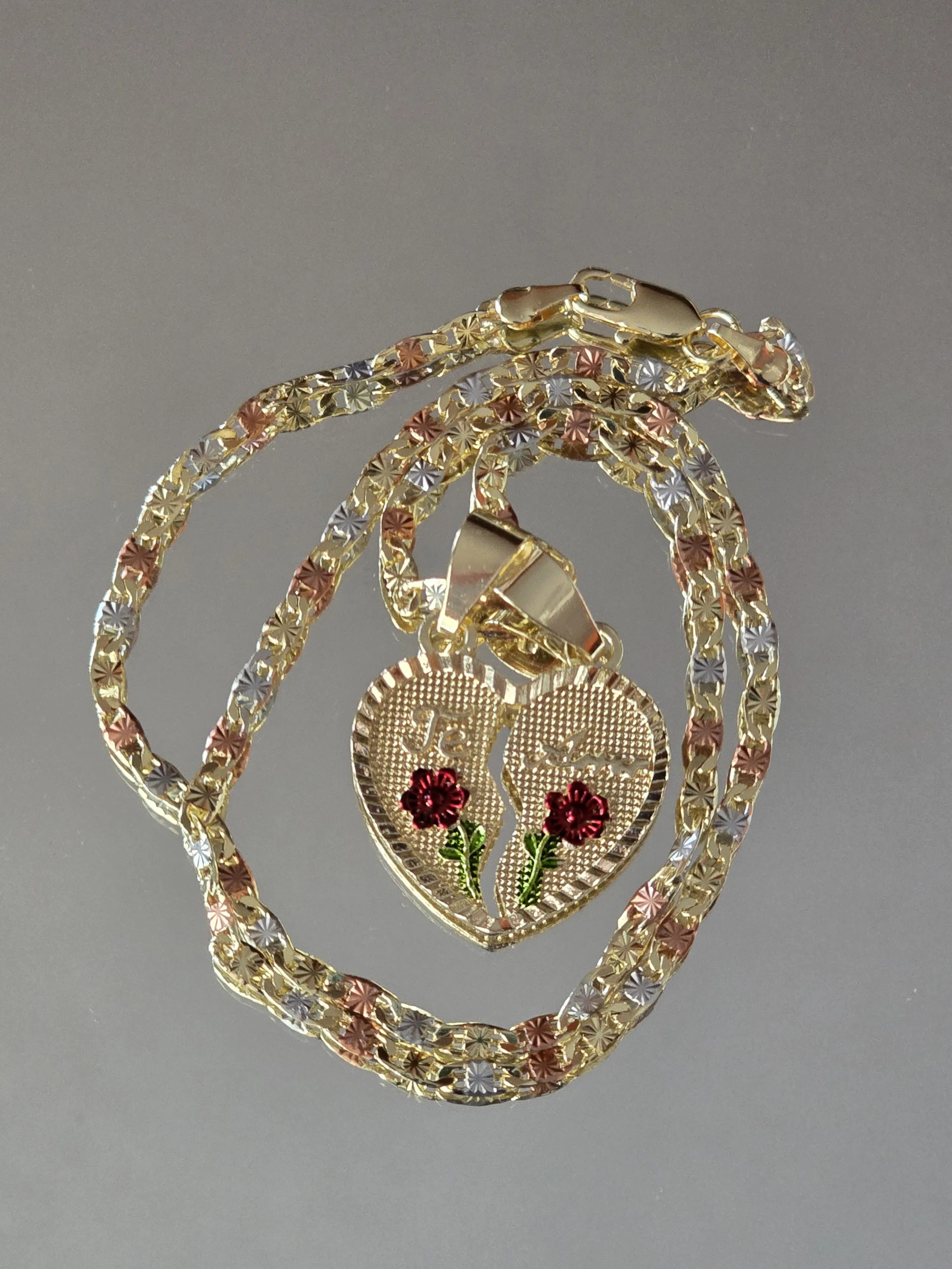N15-One and a quarter inch Te-Amo broken heart pendant with with 3 color 3mm 17.3 inch chain-copper plated with 14 karat gold not water resistant