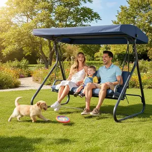 GAOMON 3-Seat Outdoor Convertible Swing Glider with Adjustable Canopy, 2-in-1 Bench to Flat Bed, Removable Cushions, Heavy-Duty Metal Frame, 750 LBS Weight Capacity for Patio, Backyard, Porch, Garden, Blue