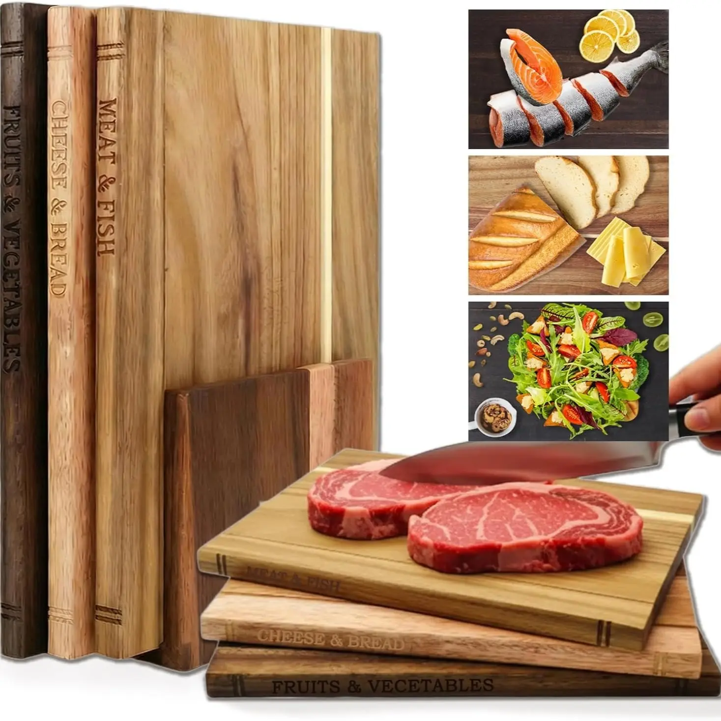 Solid Acacia Wood Cutting Boards for Kitchen, Book-Shaped Decorative Set, Kitchen Library Style, Chopping Boards, Unique Gift for Book Lovers and Home Cooks, Wooden