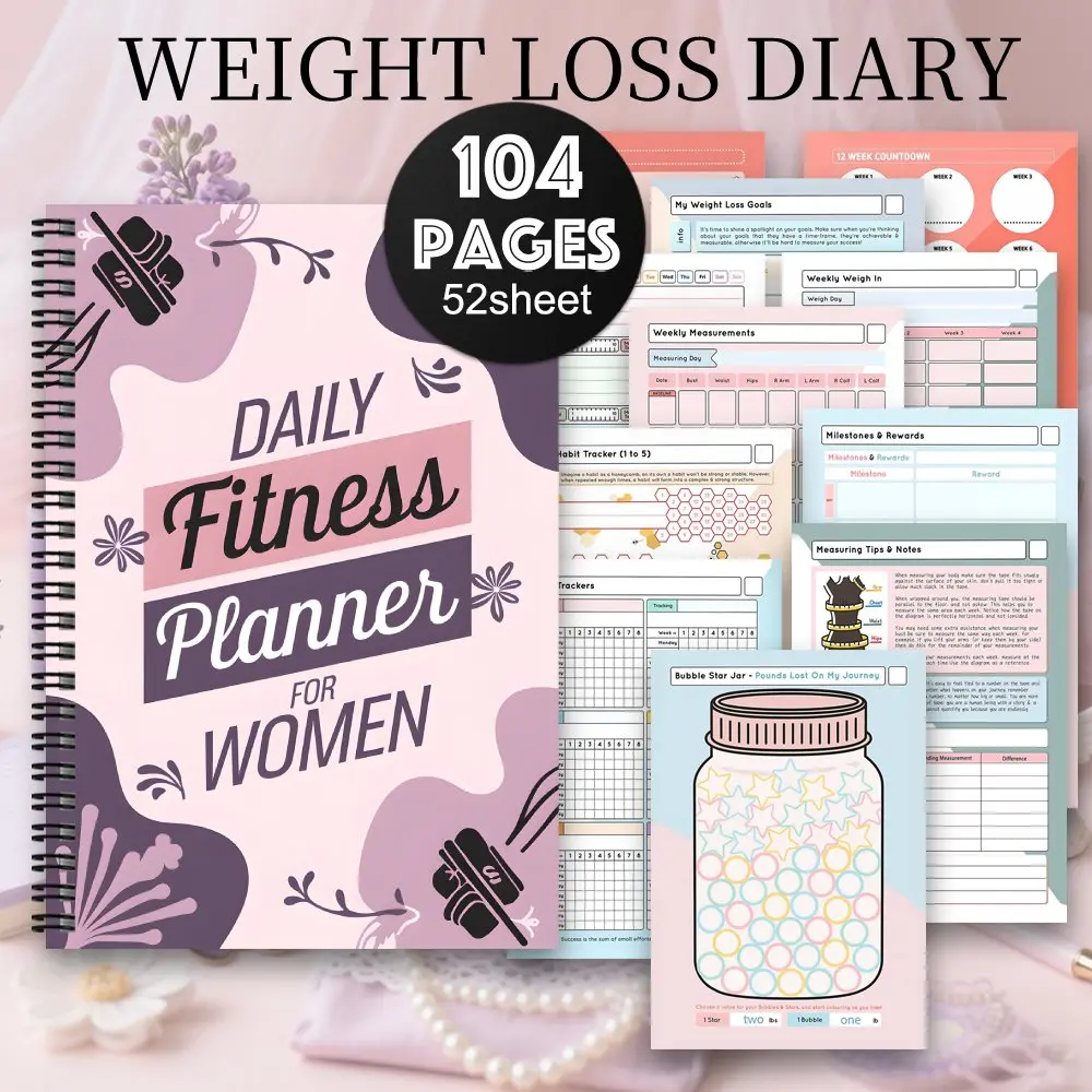 Fitness Plan Journal & Wellness Journal & Weight Loss Diary for Women, Aesthetic Spiral Bound Workout Diary, Daily Exercise Tracker, Diet Plan, Progress Book, Planner Notebook