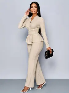 Women's Apricot Color Elegant V Neck Long Sleeve T-Shirt And Wide Leg Pants Two Piece Set, Asymmetrical Hem Two-Piece Outfits, Casual Daily Wear, Matching