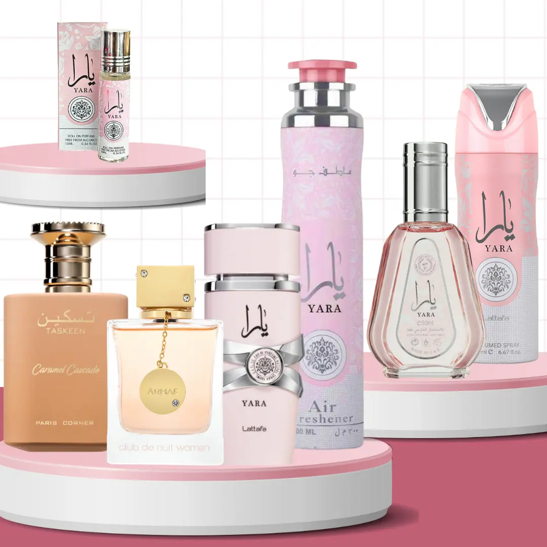 Lattafa Fragrance Gift Bundle - Women's Cosmetics with YARA Air Freshener Spray, Deodorant, 50ML Perfume, Roll-On Oil, Taskeen Caramel, Eclair, Club De Nuit, Rose, Vanilla, Glam Notes (Concentrated, Set, Luxury-Inspired, Fruit-Forward Fragrance Sets)