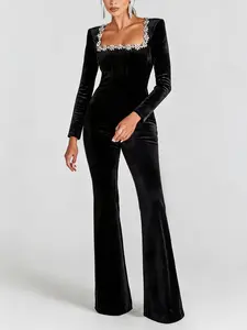 LikeMyChoice Elegant Crystal Embellished Flared Jumpsuit in Black Velvet with Square Neckline and Long Sleeves Casual Womenswear