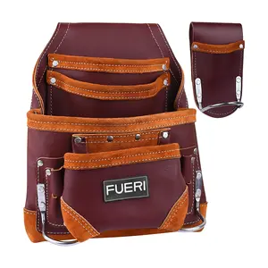 FUERI Professional 10 Pocket Leather Tool Pouch, Heavy-Duty Grain Leather Pouches with Hammer holder for electricians,Carpenters