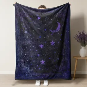 Celestial Moon and Star Lightweight Blanket,Dark Purple Witchy Night Sky SummerThrow,Breathable Boho Mystical Galaxy Blanket,Air Conditioning Blanket for Gothic Bedroom Decor