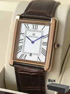 Men's Business Casual Watch Rose Gold Stainless Steel Case Dial Calendar Display PU Leather Strap Waterproof Quartz Movement