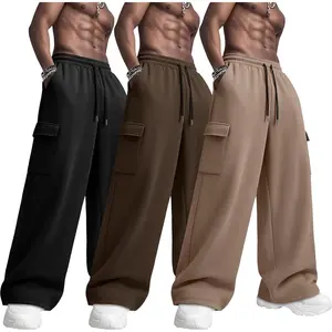 3 Pack Men's Cargo Sweatpants Baggy Open Bottom Joggers Straight Wide Leg Drawstring Lightweight Pants with Pockets