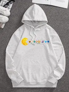 Unique Solar System Men's Pullover Hoodie with a Whimsical Print of Pac-Man in Space Chasing Mercury Through Neptune for a Standout Conversation Starter