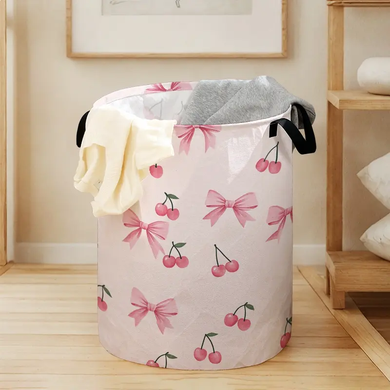 Valentine's Day Bow Cherry Print Laundry Basket with Handle, Laundry Hamper, Laundry Bin, Durable Halloween Foldable Storage Basket, Large Capacity Toy Organizer, Laundry Organization Containers