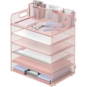6 Tier Desk Organizer with Handle & 3 Pen Holders, Mesh Paper/File Organizer for Desk, Paper Letter Tray Organizer for Office Supplies (Pink)