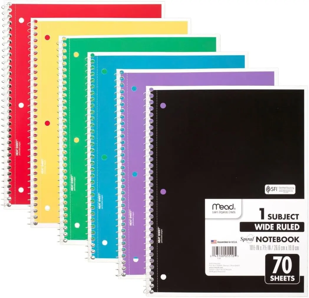 6-Pack Wide Ruled Spiral Notebooks, 1 Subject, 7.5" x 10.5", 70 Sheets per Notebook, Assorted Colors