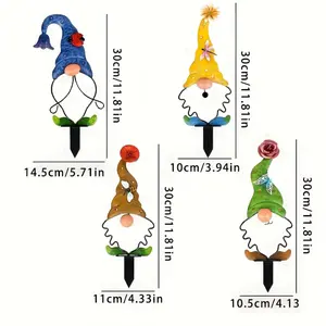 [Art Deco Gnomes] 4pcs Metal Art Deco Garden Gnome Statue Set | Floor Mount, with Nails | for Valentine's Day, Garden, Yard, Outdoor Terrace, and Lawn Decoration, Set Of Four, Garden Statues & Sculptures