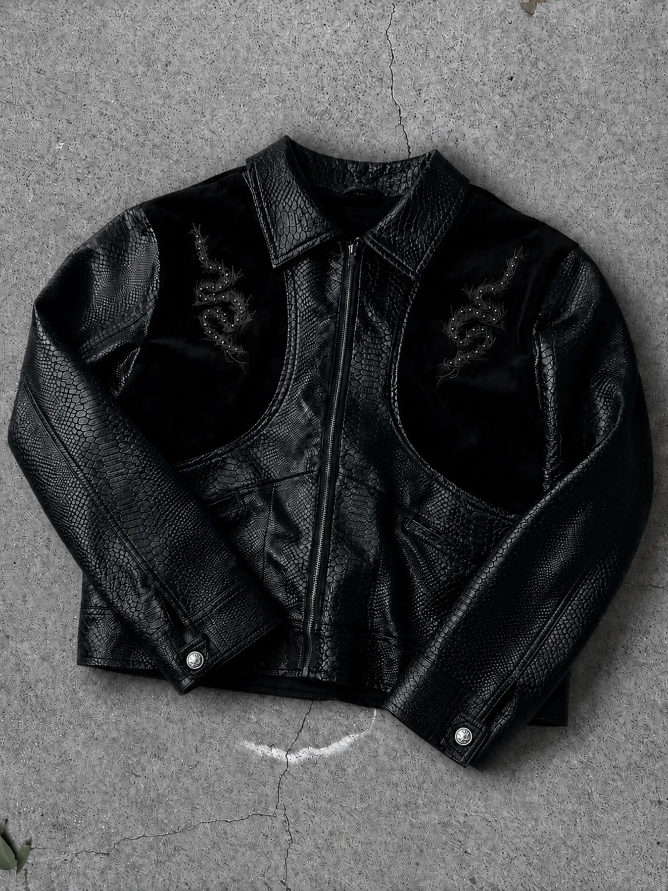 Men's Short Cropped Biker Jacket - Cotton Woven, Textured Zip-Up, Embossed Panel, Dragon Embroidered, Statement Back Detail, Vintage Preppy Retro, New Year Party Work Streetwear Alternative to Leather Coats