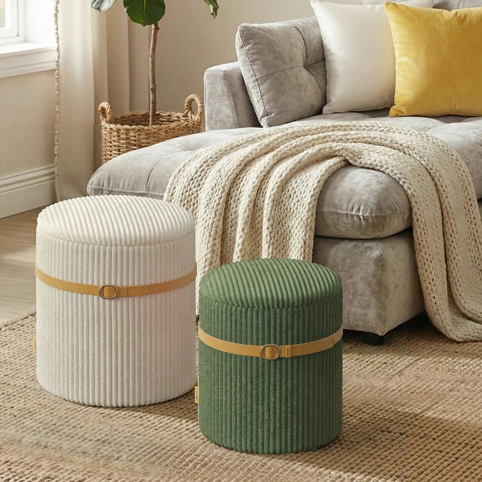 【DealsForYouDays】Pinmoco Corduroy Round Storage Ottoman Set of 2, Upholstered Vanity Stool, Foot Stool with Decorative Straap for Living Room Bedroom.akeup Chair Shoe Changing Dual. Round Ivory Shoe Ottoman
