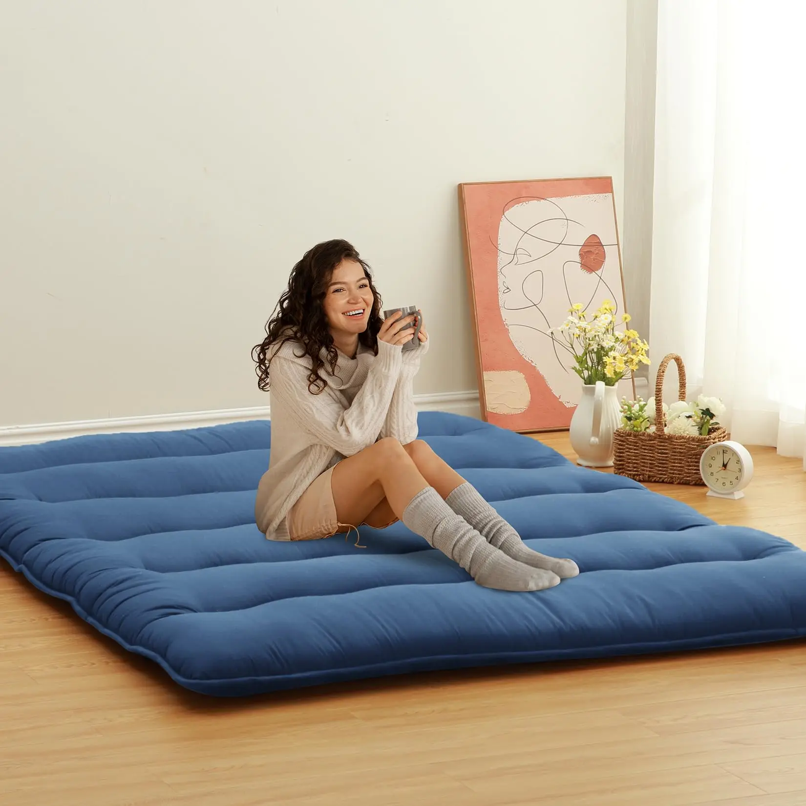 GARVEE Full Size Japanese Futon Mattress - Foldable Floor Sleeping Pad for Adults, Japanese Style Tatami Mat in Wave Navy, Comfortable and Space-Saving Floor Mattress