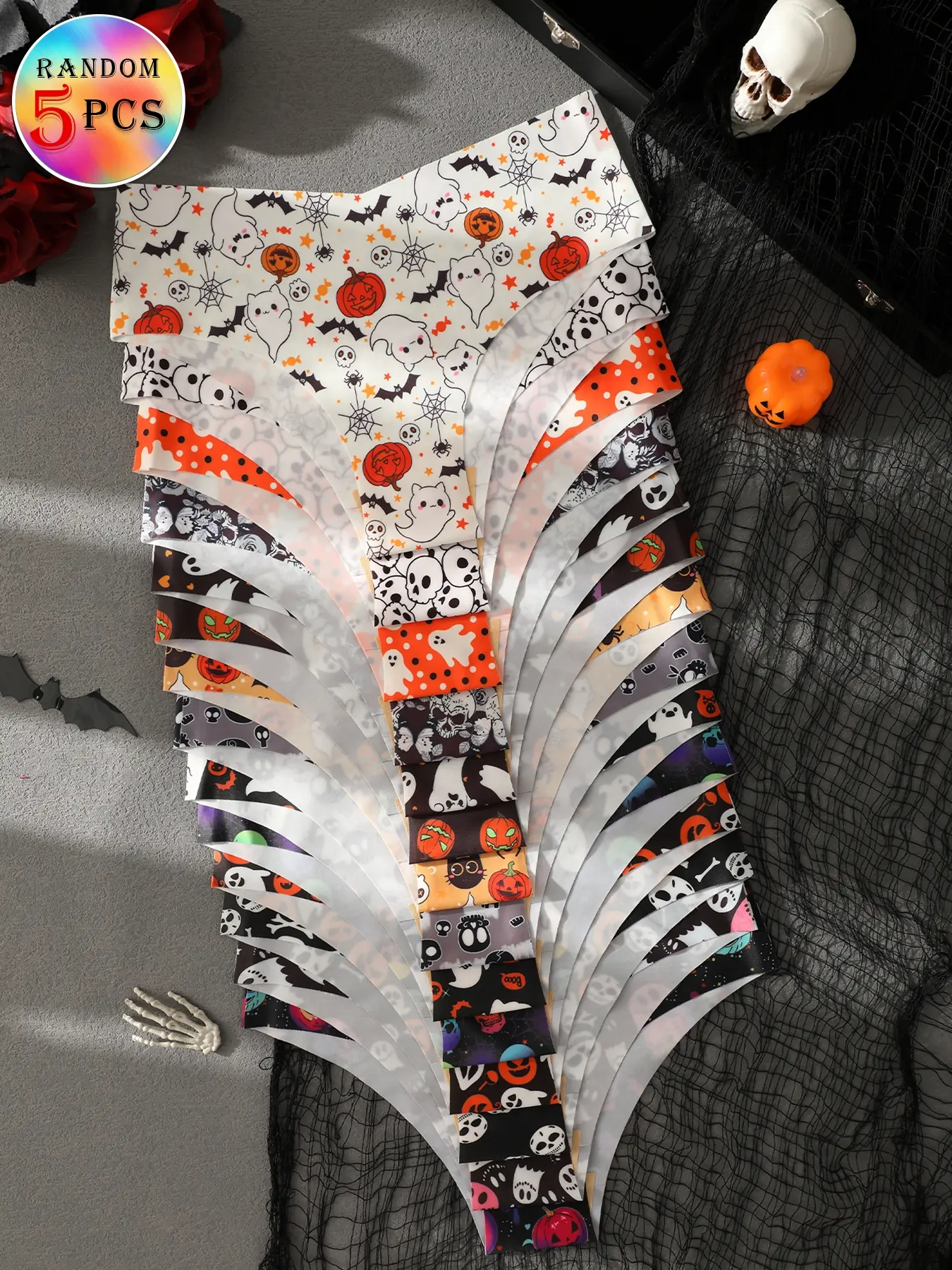 Pack of 5 random color Halloween pumpkin, skull, ghost, and mushroom print women's fan-shaped panties, slim fit, simple, comfortable, seamless one-piece, sexy, elastic daily women's briefs Lingerie Underwear Intimates Panties