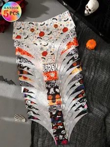 Pack of 5 random color Halloween pumpkin, skull, ghost, and mushroom print women's fan-shaped panties, slim fit, simple, comfortable, seamless one-piece, sexy, elastic daily women's briefs Lingerie Underwear