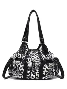 Leopard Print Motorcycle Tote Bag, Large Capacity Shoulder Bag, Vintage Leopard Crossbody, Handbag Shoulder Bag, Soft Leather, Multi-Pocket, Durable, Stylish, Leather Crossbody Bags, Crossbody Shoulder Purses, Fashionable Unique Bags