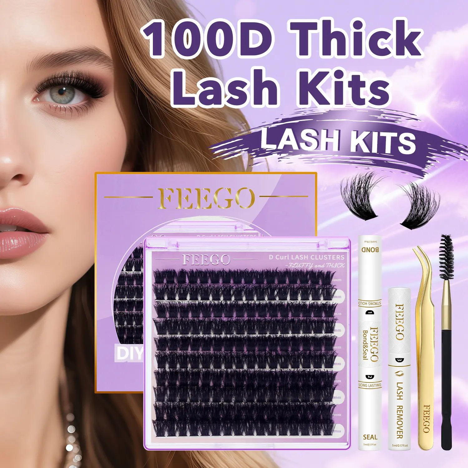 FEEGO 100D Thick Lash Kits - 160pcs Pro-Level Density Bold Fluffy Effect 10-20mm Photoshoot-Ready DIY Eyelash Extension Kit with Four Tools Included faux cluster lash fashion wet softness weightless makeup eyelash extension