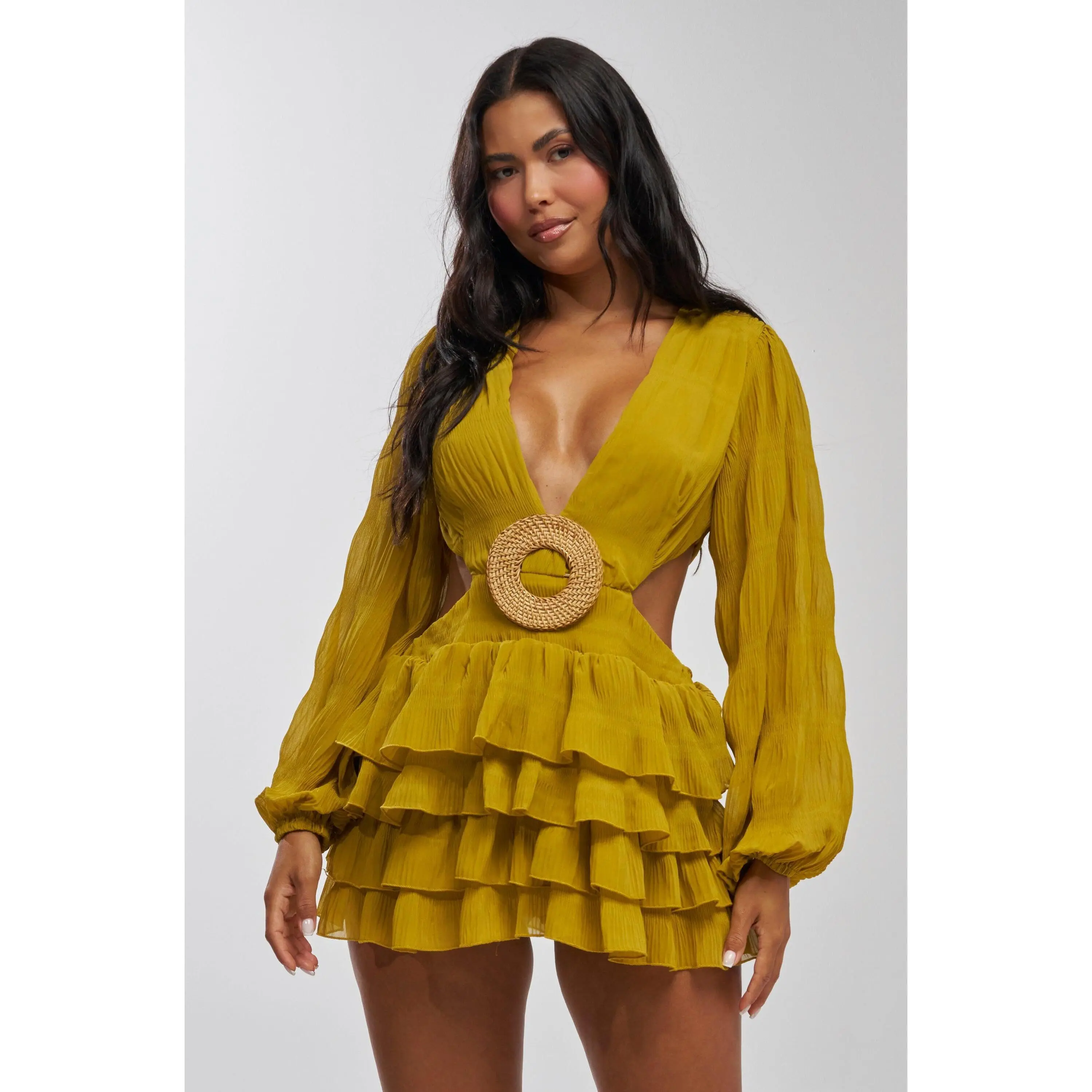 ON ISLAND TIME RUFFLED MINI DRESS IN CHARTREUSE