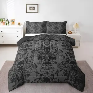 Black Damask Bedding Set,Antique Victorian Baroque Gothic Bone Skeleton Bohemian Comforter Set,Gothic Vintage Floral Exotic Sugar Skull Duvet Set