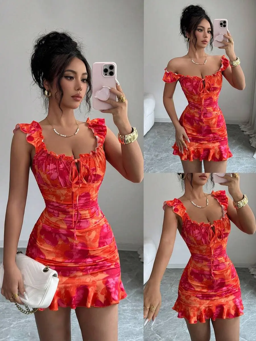 YESS Summer Casual Floral Print Ruffle Hem Mini Dress
