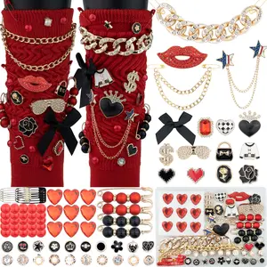 85 Pcs Junk Socks Charms Kit, Black and Red Charms for Socks, Brooches and Pins for Women, ShoeCharms with Bows, Sneakers DIY Kit with Pearls Rhinestones Chains, Personalization Footwear