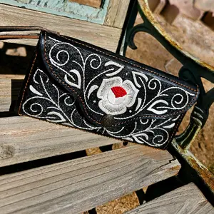 Western Wallet Leather For Women made in Mexico with Floral Embroidery Design