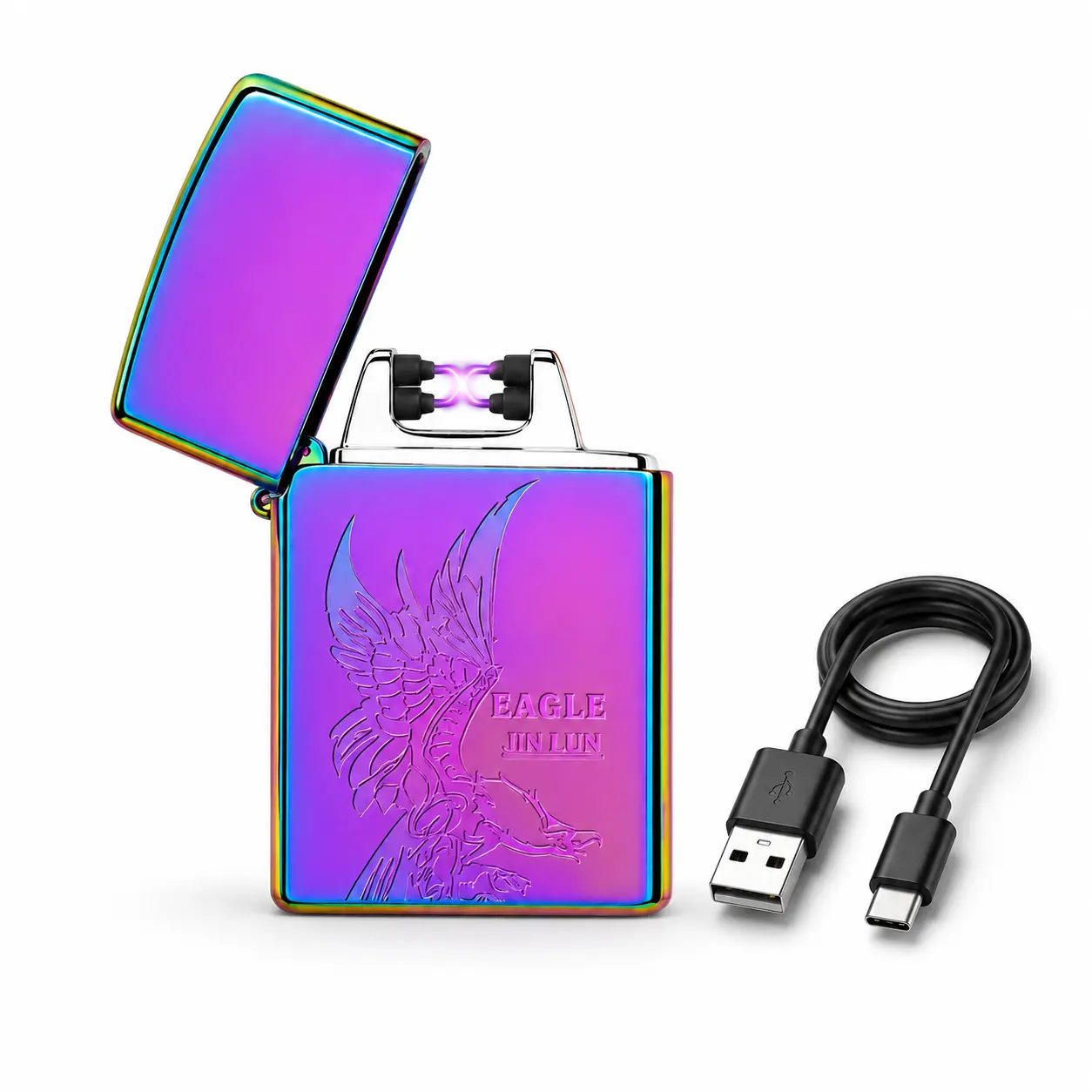 USB-C Rechargeable Dual-Arc Flameless Pocket Lighter Accessory - Rainbow Metal Casing, Embossed Eagle Design, Ideal for Outdoor Camping & Aromatherapy Lighting