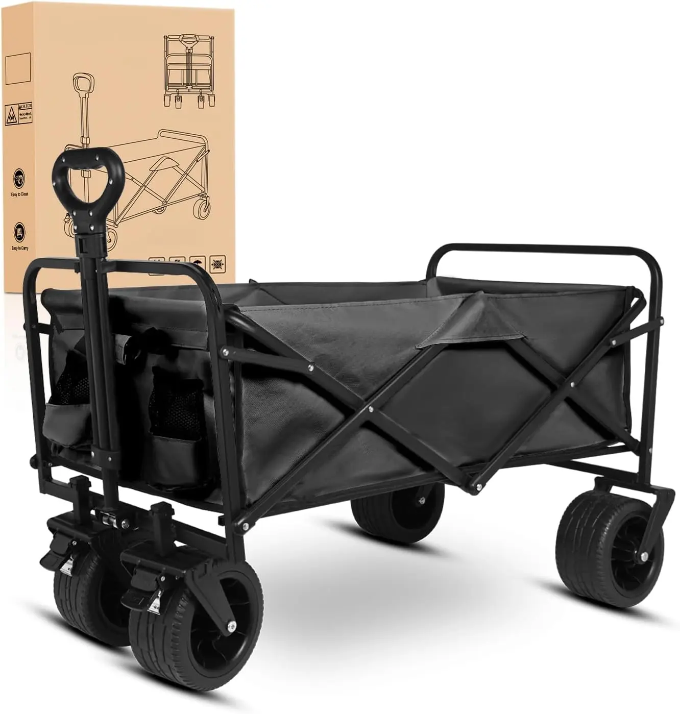 Foldable Wagon - 300lbs Collapsible Garden Carts with All Terrain Wheels for Outdoor Camping Sports Shopping Gardening - Heavy Duty Portable Utility Trolley (Black), Collapsible Folding Wagon