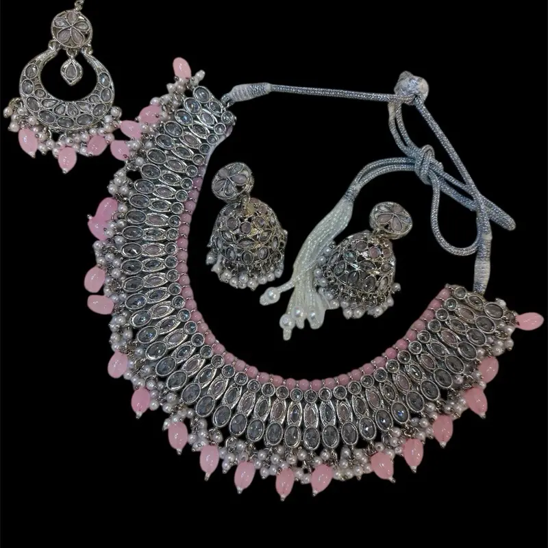 Absolutely Stunning Silver Plated Grey Stone Work 4 Piece Set with Pink Beads Earrings and Necklace Set