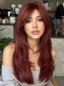 Fashionable New Long Straight Burgundy Layered Wigs and Bangs Synthetic Wigs for Women Suitable for Ordinary Work, Life and Dance Parties and All Occasions Synthetic Material Wigs
