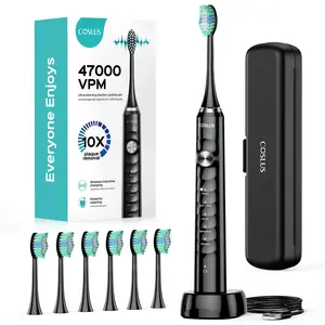 COSLUS Sonic Electric Toothbrush for Adults: 47000 VPM for Deep Cleaning & Whitening with Travel Case - 5 Modes for Sensitive Teeth & Braces, Wireless Charging, 6 Brush Heads for Home Family, Black